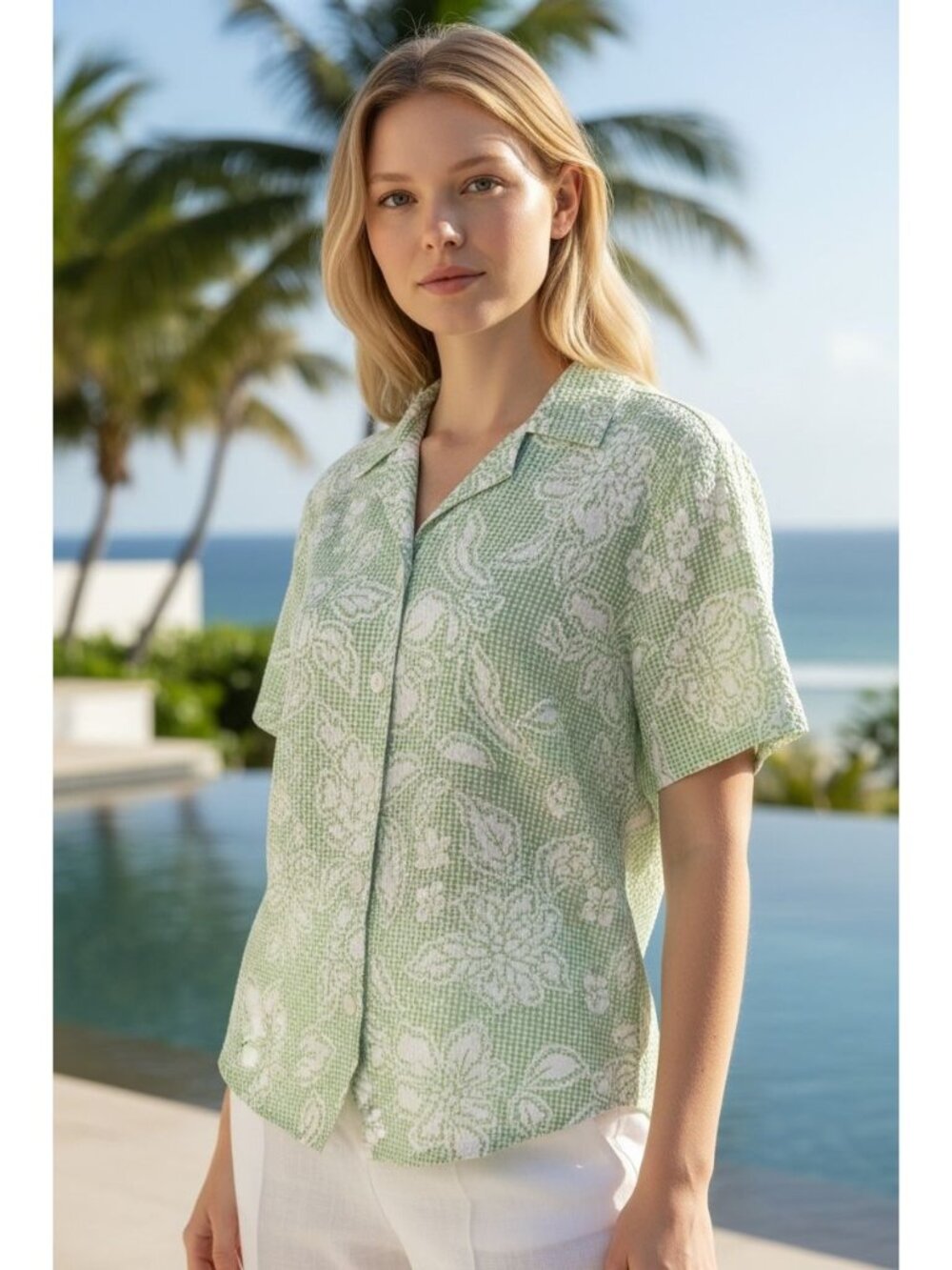 Alfred Dunner Blouse Top Womens Size 8 Green White Gingham Floral Button NEW